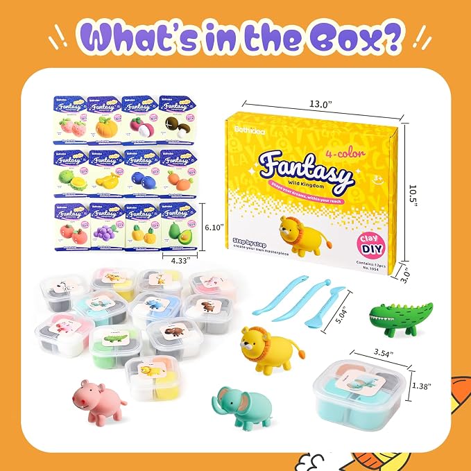 Both idea Air Dry Clay Kit, Animal Theme | 12 Packs, Non-Toxic Kids Gift | School & Party: Perfect for classroom art activities, birthday party favors, creative family DIY, and holiday celebrations.