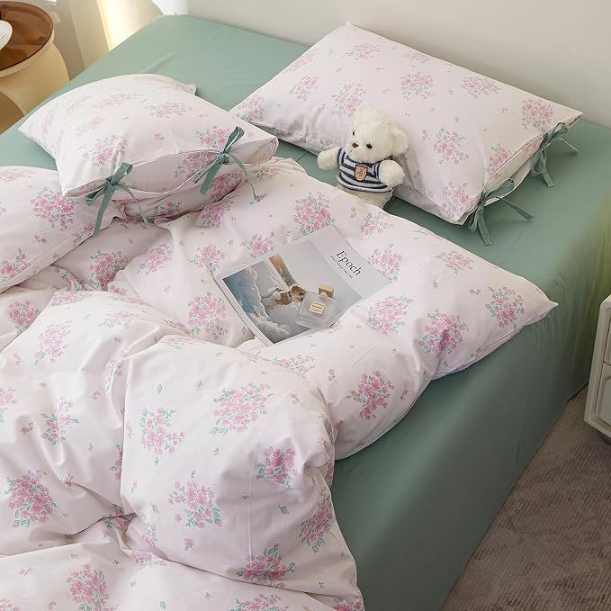 Aesthetic Floral Comforter Set Twin XL, 3 Pieces Pink White Cottagecore Comforter Floral Bedding Set, Lightweight Vintage Botanical Flowers Comforter with 2 Bow Ties Pillowcases for Girls Women