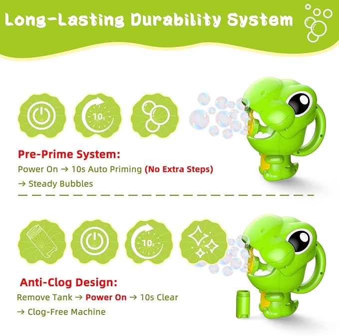MAKE KIDS SMILE BUBBLE FUN Rechargeable Dinosaur Bubble Guns for Kids 1-3 | Automatic bubble machine with fast output, includes 8oz solution. Ideal summer children toys for boys, girls and pets.