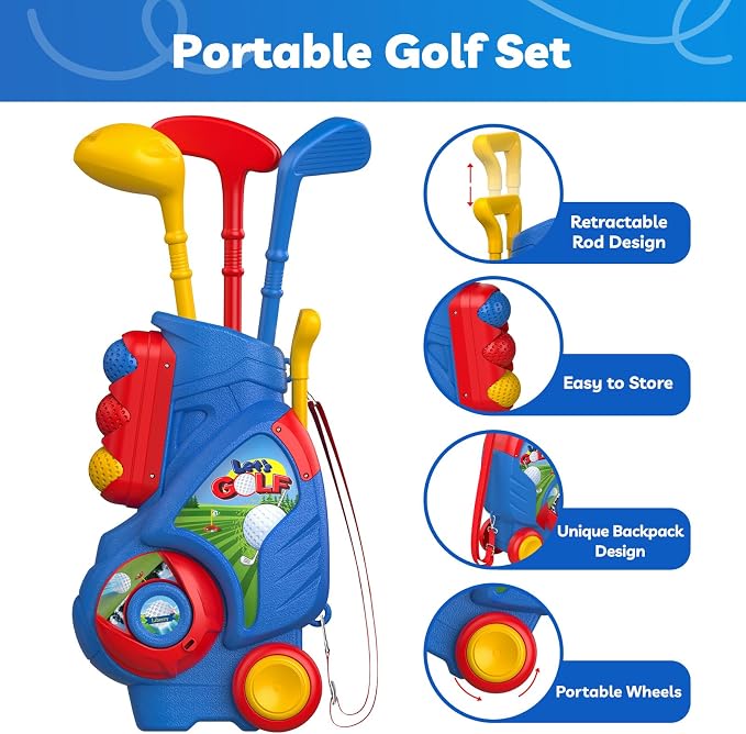 Liberry Toddler Golf Set for 2 3 4 5 Years Old Boys Girls, Upgraded Kids Golf Cart with Golf Cornhole Board & Putting Mat, Indoor and Outdoor Golf Toys Birthday Gifts