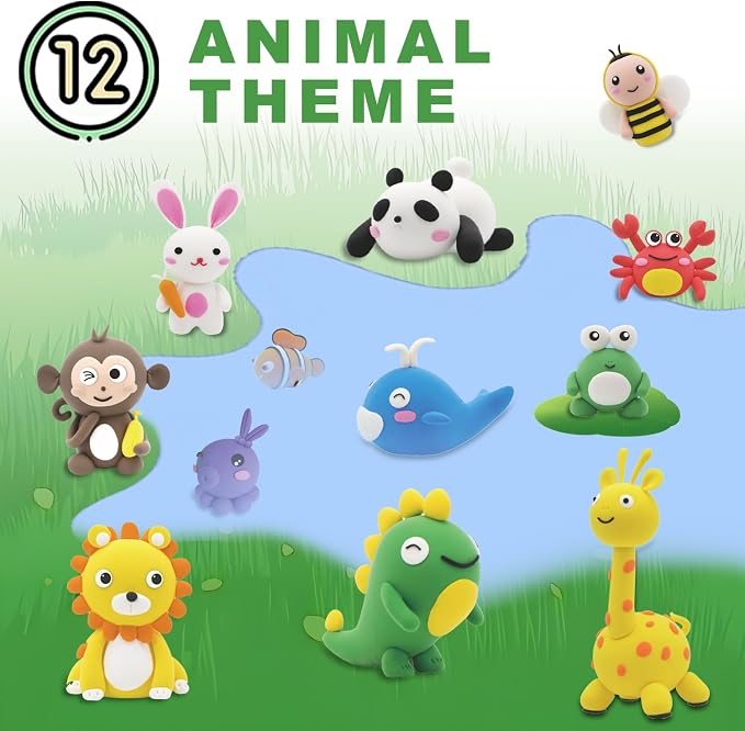 Air Dry Clay Kit for Kids: 12 Animals Modeling Magic Clay Set with Sculpting Tools and Tutorials Safe Non-Toxic & Light Soft DIY Art Craft Molding Clay School Class Home Party Gifts for Boys Girls