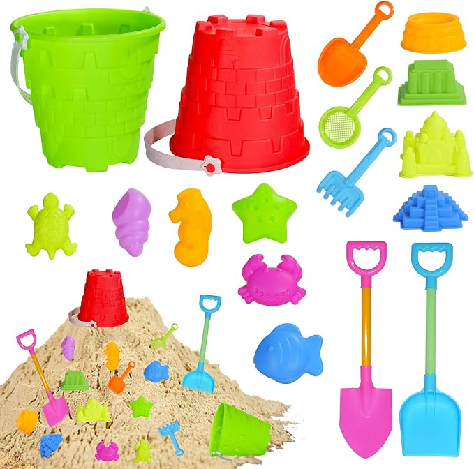 17 Pcs Beach Toy Set for Kids - Includes Bucket, Molds, Shovel, Rake, Sifter & Castle Toys - Sand Bucket and Shovel for Boys and Girls