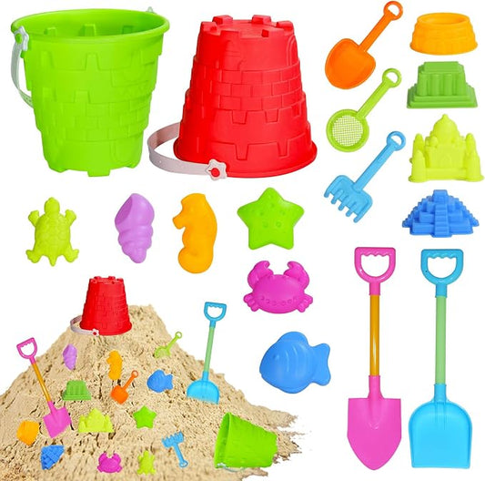 17 Pcs Beach Toy Set for Kids - Includes Bucket, Molds, Shovel, Rake, Sifter & Castle Toys - Sand Bucket and Shovel for Boys and Girls