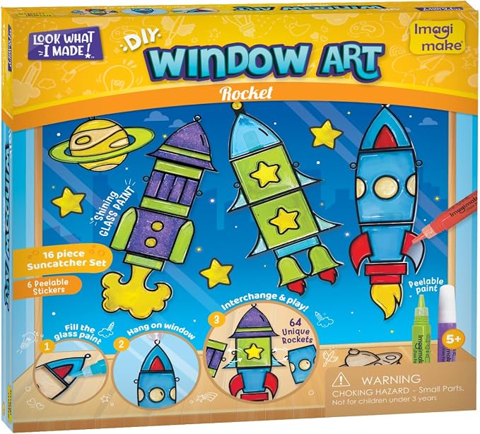 Imagimake Window Art Rocket | Low Mess Suncatcher Kit | 16 Pieces Glass Painting Set | Kids Activities Ages 5-8 | DIY Craft Kit | Birthday Gift for Boys & Girls Ages 5,6,7,8,9,10,12 Years Old
