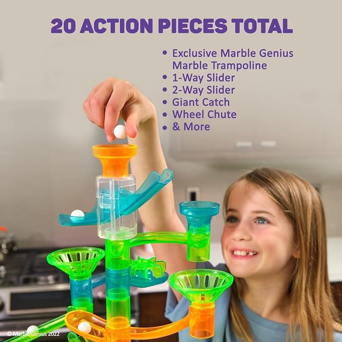Marble Genius Marble Run Stunts Super Set: 125 Pieces Total, 20 Action Pieces Including 2 New Trampolines, Free Online App and Full-Color Instruction Booklet, Made for Ages 5 and Up