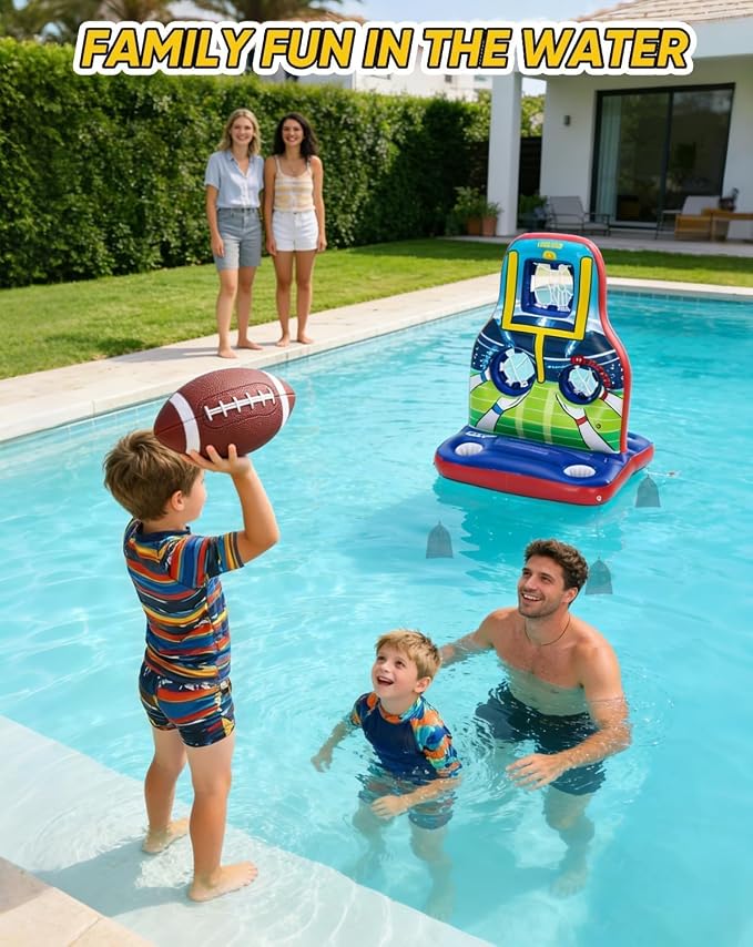 Inflatable Football Toss Pool Games Set, Football Target for Kids Age 8-12, Teens, Adults, Family, with 4 Water Footballs & 2 Pumps, Summer Swimming Pool Toys for Party, Beach, Lawn, Indoor/Outdoor