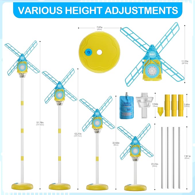 Belemar Windmill Bubble Machine Toys for Kids & Boys, Standing Bubble Blower with Lights & Music, 51" Adjustable Height, 130ml Tank, Bubble Solution Included, Outdoor Toy for Parties & Birthdays