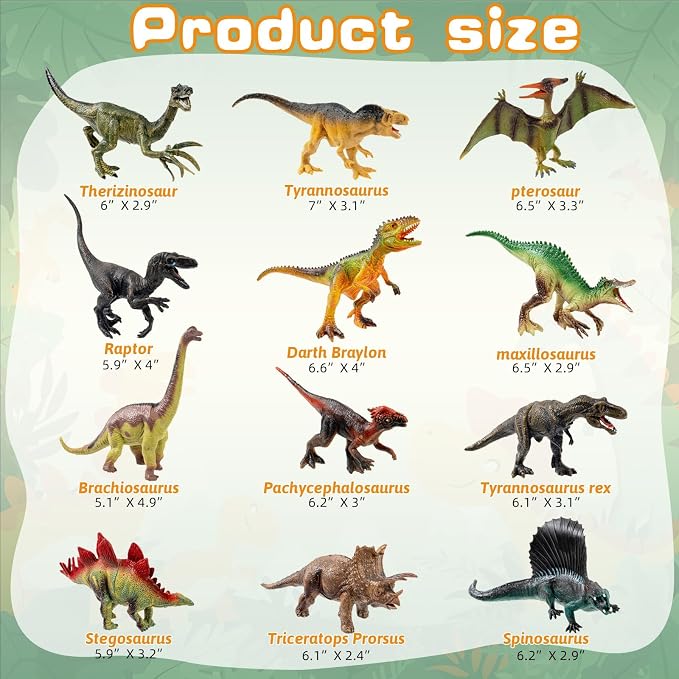 OuMuaMua Dinosaur Toys for Kids, 12 Pack Realistic Plastic Dinosaur Figure Set Including T-Rex, Stegosaurus, Monoclonius, Dino Toys for Boys Party Favors, 6 to 7 Inch Large Size
