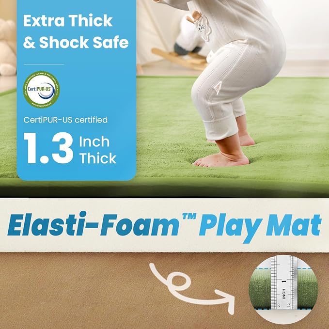 1.3" Thick Baby Floor Play Mat, 59x79 Padded Foam Tummy Time Crawling Mat, Non-Slip Water-Repellent Soft Plush Nursey Area Rug for Playroom Living Room (Olive Green)