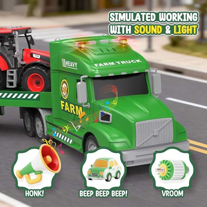 Toddler Toys for 3 4 5 6 Year Old Boys - 27" Large Semi Farm Truck Toy with 2 Tractors, 3-in-1 Friction Powered Transport Vehicle with Lights Sounds, Christmas Birthday Gifts for Boys Kids Age 3 4 5 6