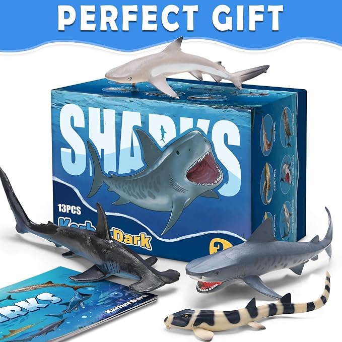 13 Pack Shark Toys Set with Booklet and Gift Box, Realistic Plastic Shark Figurines, Sea Creature Toy for Kid, Shark Party Decoration, Cake Topper, Educational Ocean Animals for Toddlers, Boys Girls