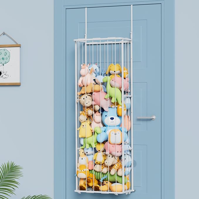 SWTYMIKI Hanging Stuffed Animal Storage - Over Door Large Plush Toy Organizer, Wall Mounted or Corner Stuffie Storage for Nursery, Doll & Bear Plush Organizer for Kid Room Bedroom (White, 3-Tier)