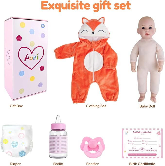 Aori Baby Dolls Lifelike 17 Inches - Realistic Baby Girl Doll Set with Feeding Toy Kit That Look Real, Nice Companion Gift Set for Kids, Grand-Parents, Collection