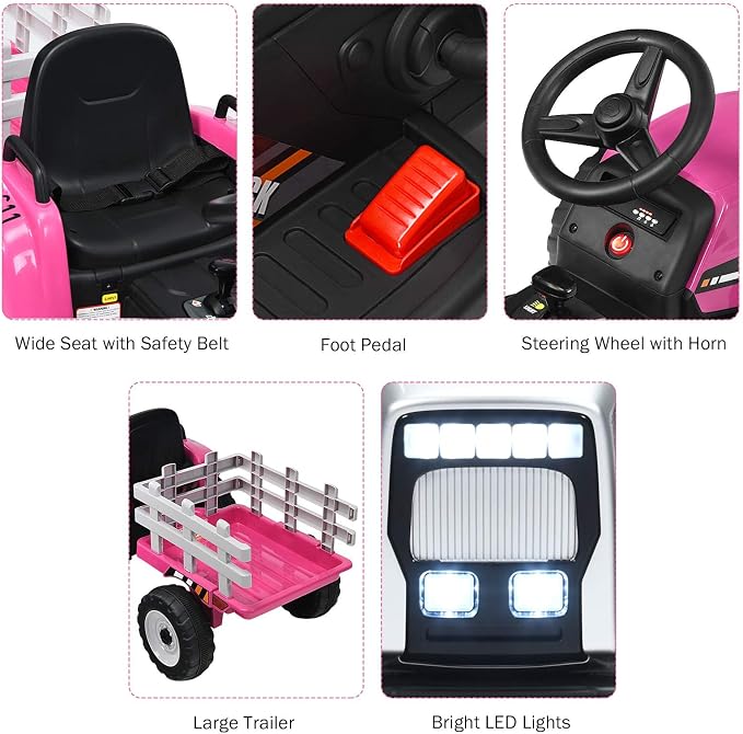 Costzon Ride on Tractor with Detachable Trailer, Kids' Electric Vehicles w/3-Gear-Shift Ground Loader, Wireless Design & USB, 7 LED Headlights, Remote Control Tractor Toy for Kids 3+ (12V, Pink)