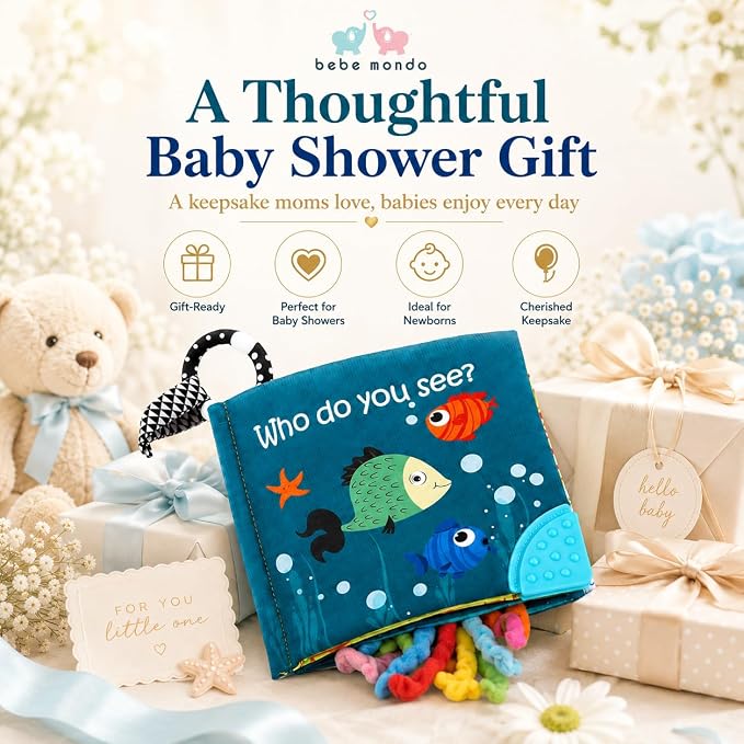 Fish Baby Books Toys, Touch Feel Cloth Crinkle Books for Babies,Baby Infant Toys 0-6, 6-12,12-18 Months,Newborn,Early Learning Education, Baby Gifts Shower for Boys Girls,Teething, Mirror,Shark Ocean