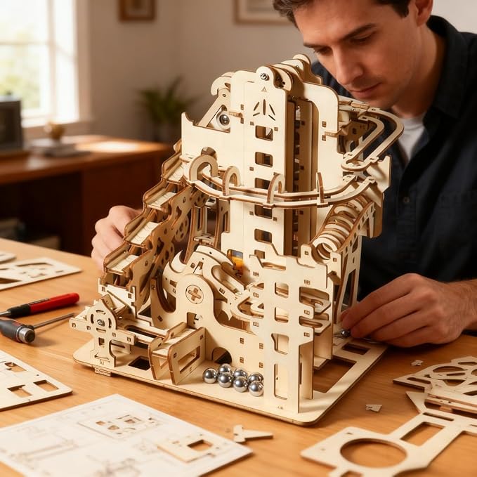 Adult 3D Wooden Marble Run Puzzle Kit, DIY Mechanical Model Construction Set, Educational STEM Puzzle Desktop Toy or Decorative Item for Teens Aged 14 and Up