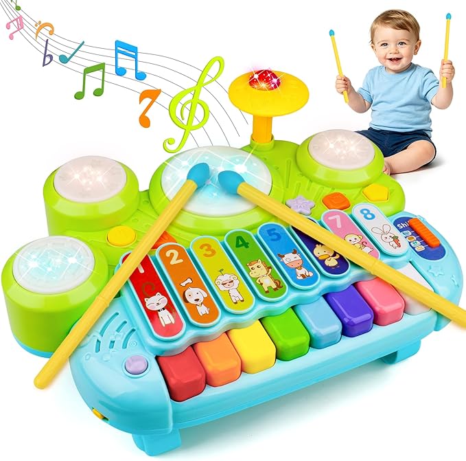 Baby Piano Drum Set for Toddlers 1-3, Musical Toys 3 in 1 Baby DJ Table Piano Keyboard Xylophone Drum Instruments for 1 2 Year Old Boys Girls Music & Light Activity Table Babies First Birthday Gifts