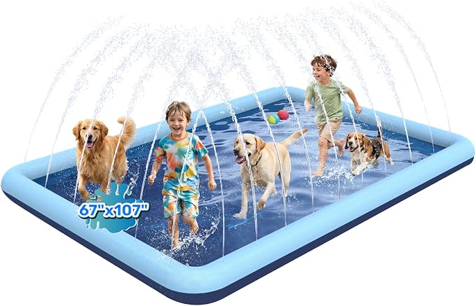 107 x 67 in Large Rectangle Splash Pad for Dogs & Kids, Non-Slip Sprinkler Pool, Extra Thick Shallow Water Play Mat for Backyard Summer Water Play, Teal