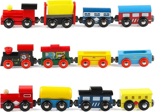 12 PCS Wooden Train Cars, Train Toys Magnetic Set Includes 3 Engines and Storage Bag, Toy Train Sets for Kids Toddler Boys and Girls, Compatible with Major Brands Train Tracks Set
