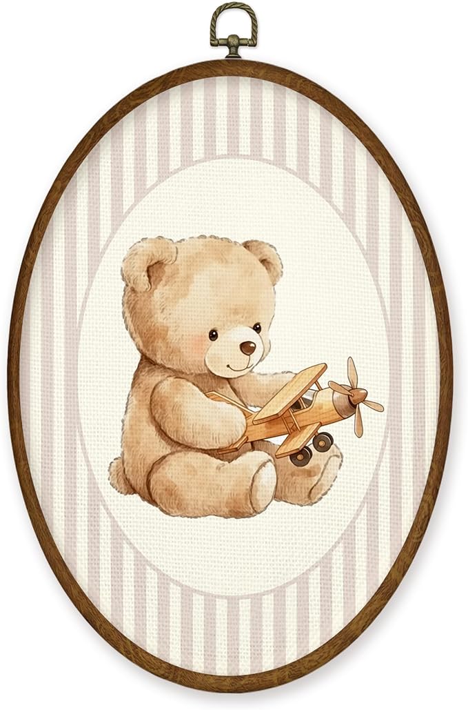 WULQYING Vintage Bear Airplane Nursery Wall Art Decor, Kids Room Oval Framed Canvas Art Prints, Pink Striped Airplane Bear Wall Hanging Decor for Kids Girls Room Bedroom Playroom, 8.6x11.4 Inches