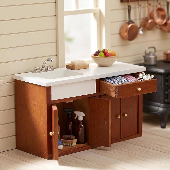 Dollhouse Furniture 1/12 Scale Miniature Sink Cabinet Wooden Bathroom Vanity Cabinet with Openable Drawer and Doors (Brown)