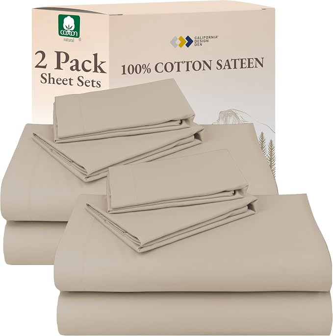 California Design Den 100% Cotton Pack of 2 Queen Sheets Set for Queen Size Bed - Soft Sateen, Deep Pockets, Durable Cotton Sateen Sheets - Beige (Warm Taupe)