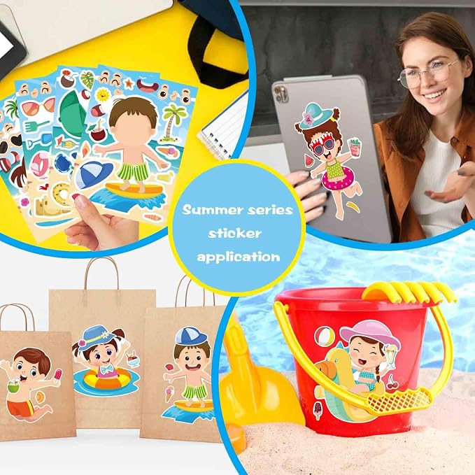24PCS Summer Stickers for Kids, Make-a-face Stickers, Make Your Own Sticker for Girls Boys, Preschool Holiday Party