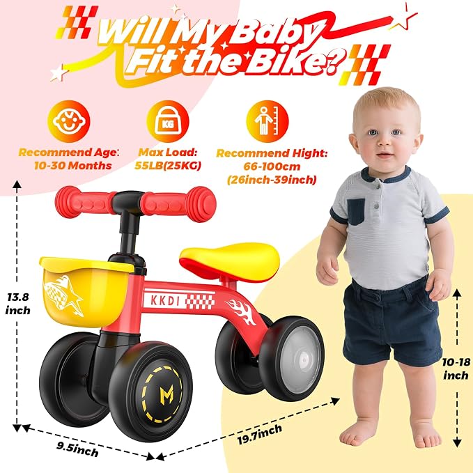 Baby Balance Bike Ride on Toys for 1 2 Year Old, Toddler Bike, First Birthday Gifts for 1 2 Year Old Boys Girls, Baby Indoor Outdoor Toy, Colorful Lighting Silent Wheels, No Pedal/Basket