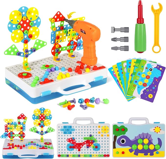 224 PCS STEM Building Toys for Kids Ages 4-8, Creative Mosaic Drill Set with Electric Drill & Screwdriver, 2D/3D Building Blocks Kit, Educational Birthday Gift for 5 6 7 8 9 10 Year Old Boys Girls