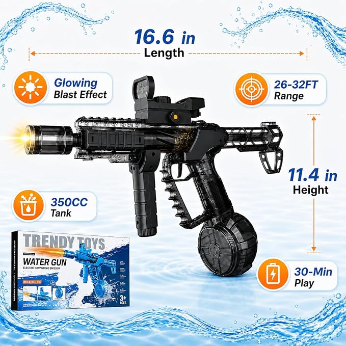 Electric Water Blaster Toy, Rechargeable Battery Automatic Water Spray Toy with LED Lights, 350cc Large Capacity Outdoor Summer Water Play Toy for Kids & Adults, Pool Party Beach Backyard Game Toy