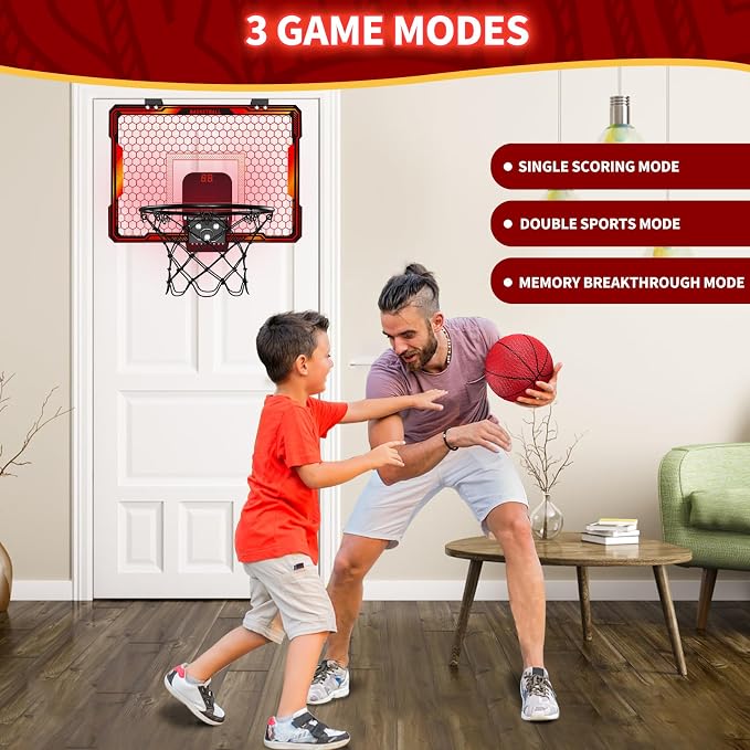 HYES Mini Basketball Hoop Indoor, Over The Door Basket Ball Hoop with 7 LED Lighting/Scoreboard/3 Modes/Foldable Rim, Wall Basketball Toy, Sport Decor Gifts for Kids Adult for Bedroom/Office (Red)