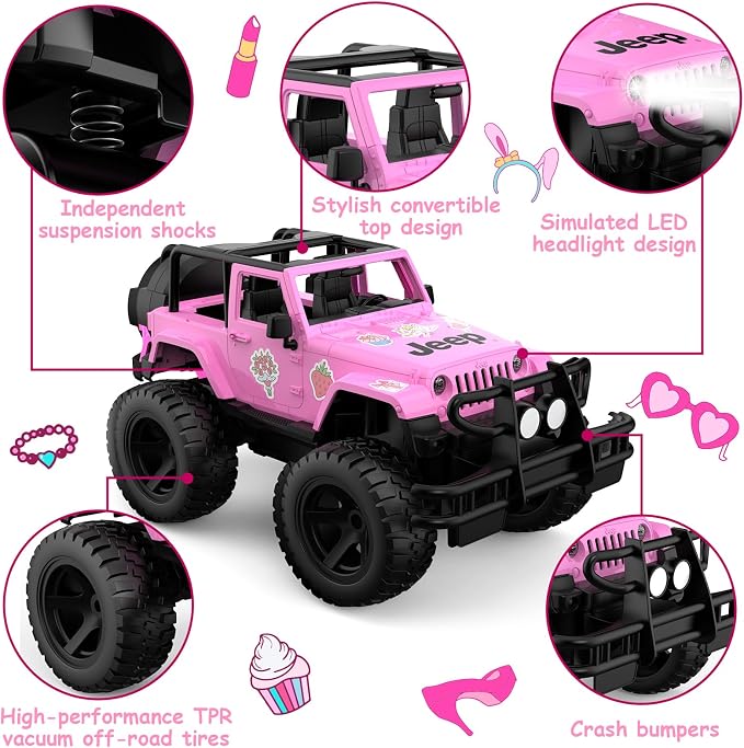 DOUBLE E Jeep Licensed 1:14 Scale Pink Remote Control Car for Girls with 2*DIY Stickers, Open-top Design RC Jeep, 80Min Play 2.4Ghz Off Road RC Trucks with LED Lights, Birthday/Xmas Gifts for Girls 6+