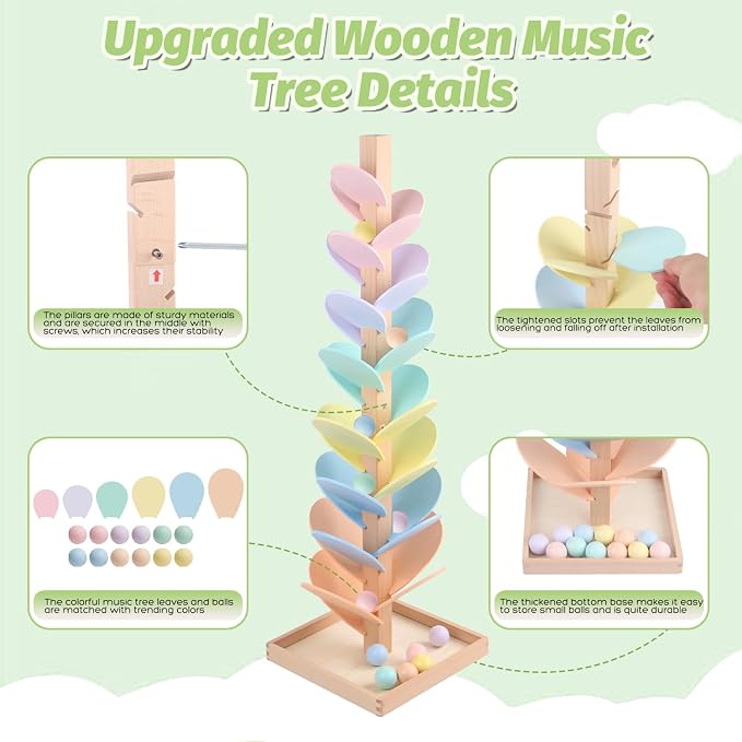 Marble Run Wooden Ball Drop Toys for 3-5 4-8 Wood Montessori Toys Music Tree for Toddlers Musical Game Learning Color Sorting Sensory Toys for Boys Girls 8-12 Gift (Height: 27.8in) (1.1in Balls)