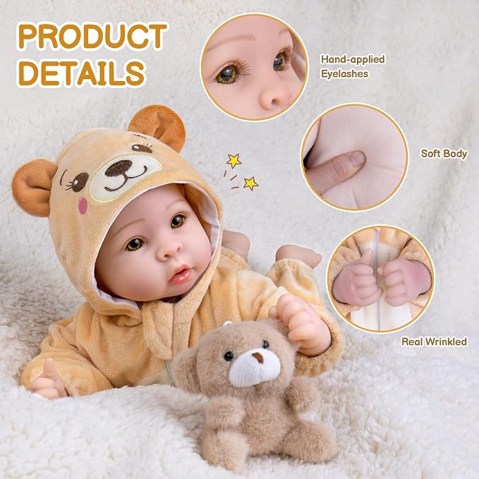 Aori 17 Inch Lifelike Baby Dolls Realistic Baby Doll with Lightweight Soft Body, Teddy Bear Outfit & Doll Accessories, Great for Role Play, Gift for Girls Age 3+