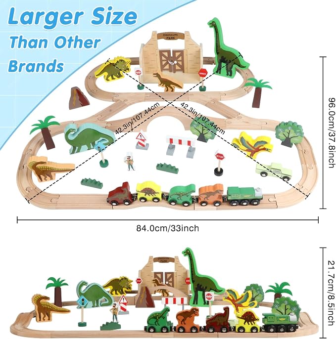 Wooden Train Set, Dinosaur Toys for Kids 3-5, Compatible with Major Brands, Dinosaur Train, Ideal Wooden Dinosaur Train Track Set for 3 4 5 6 7 8 Year Old Kids Boy Girl