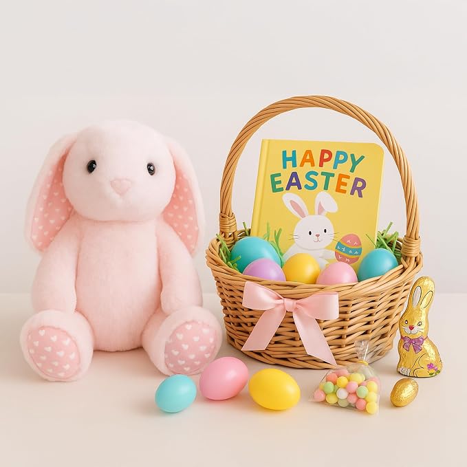 WEIGEDU Pink Rabbit Bunny Stuffed Animal Plush Toy | 17.7“, Floppy Ears, Heart Print, Birthday Nursery Décor, Easter Christmas Bedtime Gift
