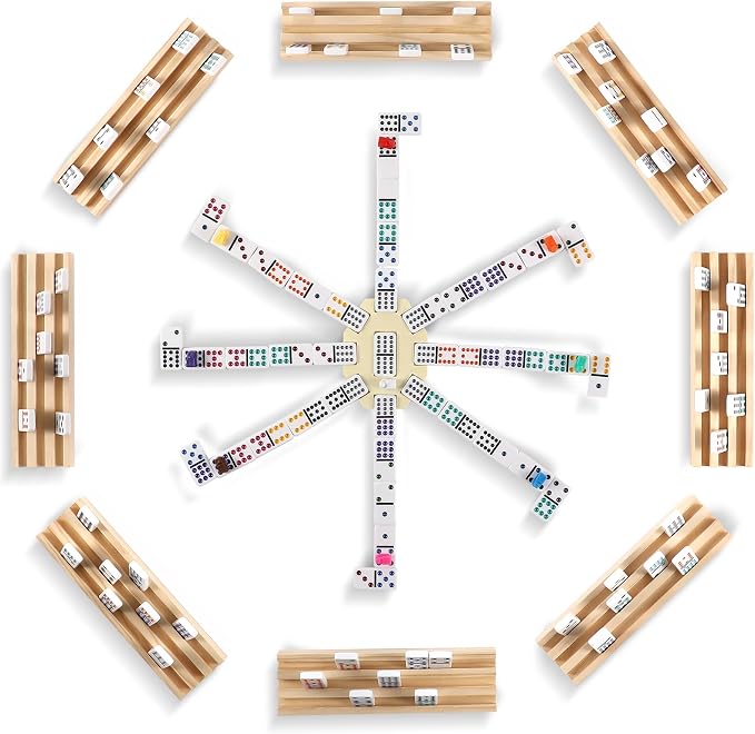 Mexican Train Dominoes Set with 8 Wooden Trays/Racks, Double 12 Dominos Travel Set with 8 Domino Tiles Holders, 91 Tiles Double 12 Colored Dominoes Game Set with Portable Case for Families Kids