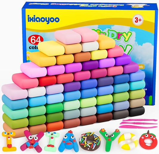 Ixiaoyoo Air Dry Clay for Kids, 64 Colors Modeling Clay, Creative DIY Model School Arts & Crafts Kit with Tools, Soft & Non-Sticky, Home Party Favors, Birthday Toys Gifts for Boys & Girls Aged 3–12