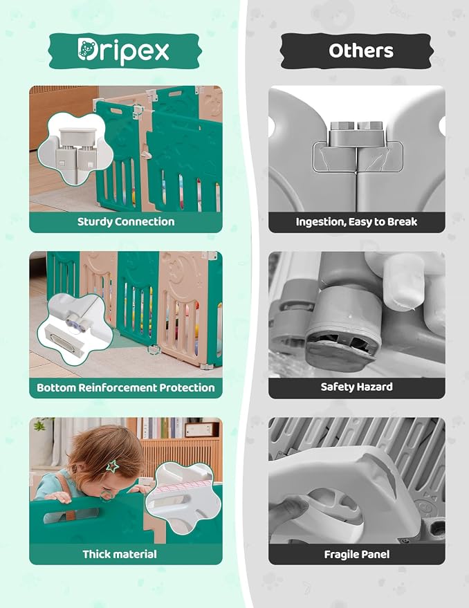 Dripex Baby Playpen, 14-Panel Foldable Playard for Toddlers 6-36 Months, Adjustable & Portable Indoor Outdoor Safety Play Area with Anti-Pinch Design, Game Panel and Safety Gate, Green Brown