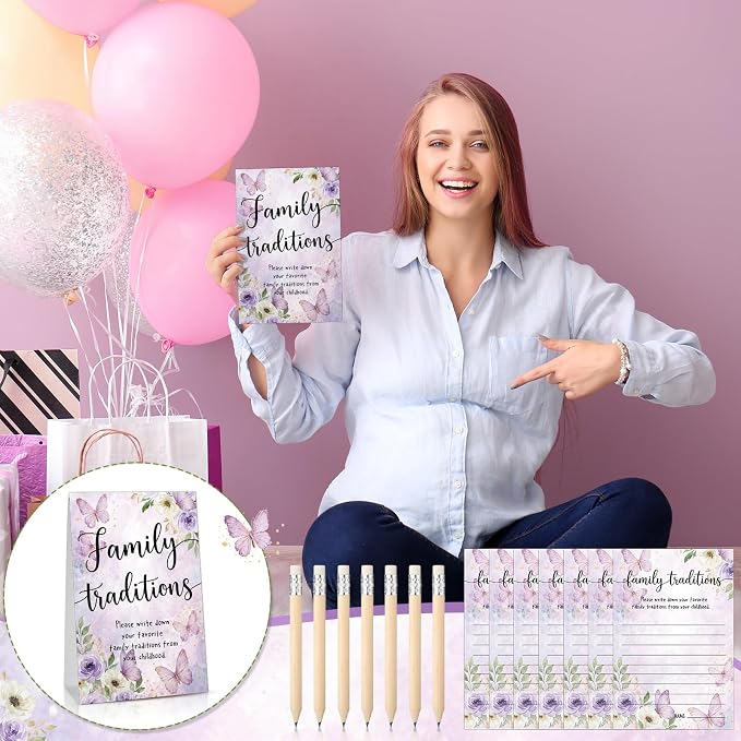 Fumete 61 Pieces Family Tradition Baby Shower Games Include 1 Family Traditions Standing Sign and 50 Activities Cards with 10 Pencils for Gender Reveal Bridal Shower Wedding(Purple,Butterfly)