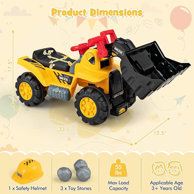 HONEY JOY Ride on Excavator, No Power Ride on Construction Vehicles for Kids, Helmet, 3 Toy Rocks, Adjustable Bucket, Horn, Ride On Loader, Bulldozer Ride on Toy, Gift for Boys Girls