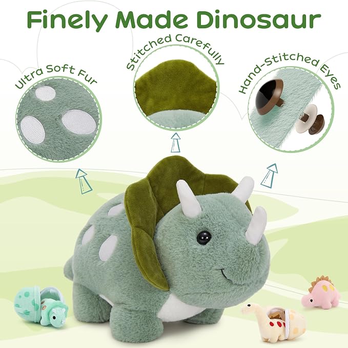Dinosaur Stuffed Animal Set, 17.6 Inch Green Mommy Dinosaur Plush with 3 Baby Dinosaurs, Triceratops Stegosaurus Diplodocus Plush Toys for Girls Boys Kids, Cute Dino Christmas Birthday Gift