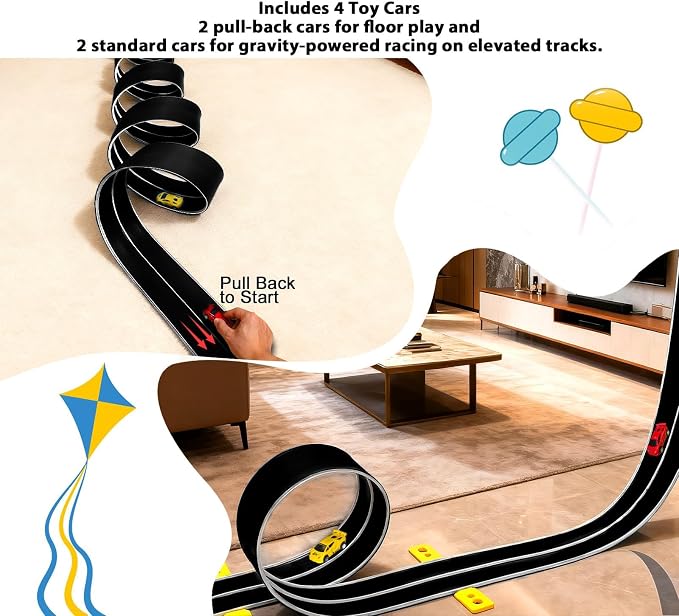 15 Ft Flexible Race Car Track for Kids,Flex Track Starter Set Compatible with Hot Wheels and Diecast 1/64th Cars,Portable Racetrack Roll Up Race Track with 4 Racecars and Suction Cups