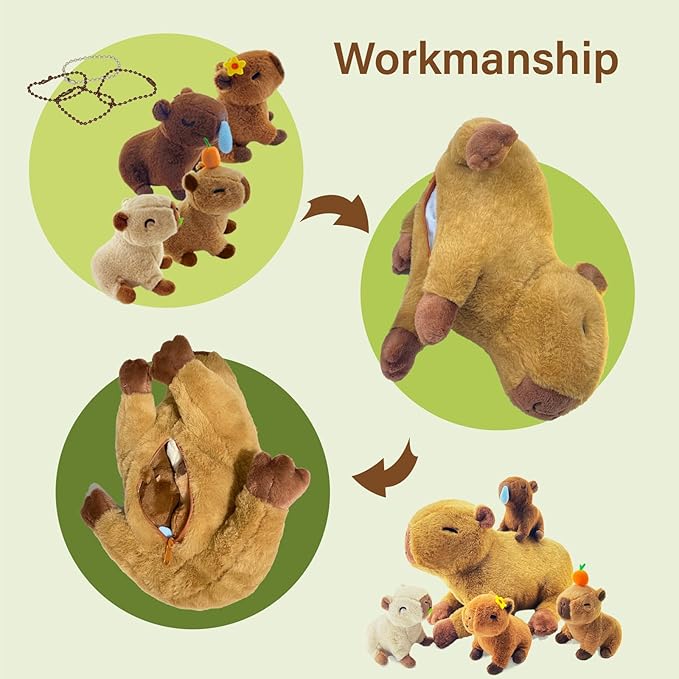 Capybara Plush，Cute Capybara Mommy Stuffed Animal with 4 Baby Capybara Plushies in Tummy，Kawaii Capybara Plush Toy Gift for Kids Girls Boys