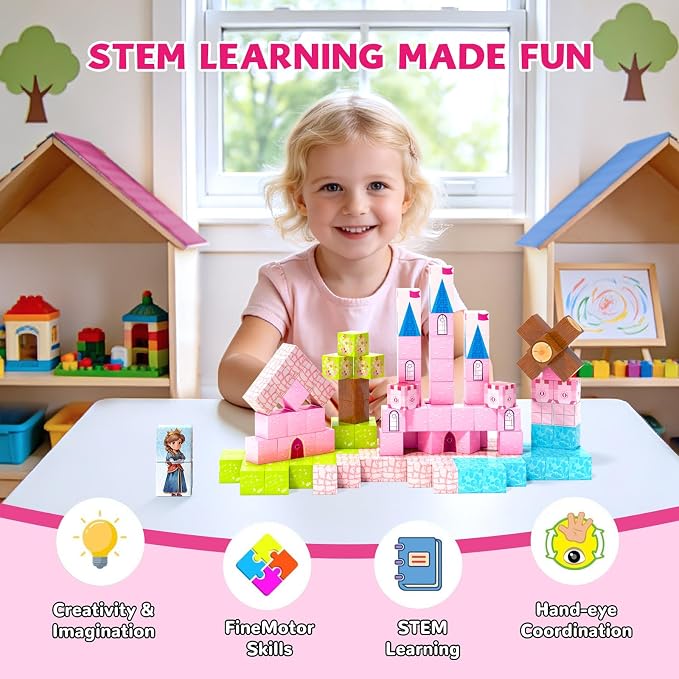 Hiwawind Large Magnetic Blocks 64Pcs (1-Inch), Princess Castle Building Toys, Birthday Gifts for 3 4 5 Year Old Girls, STEM Toddler Travel Toys for Age 3-8