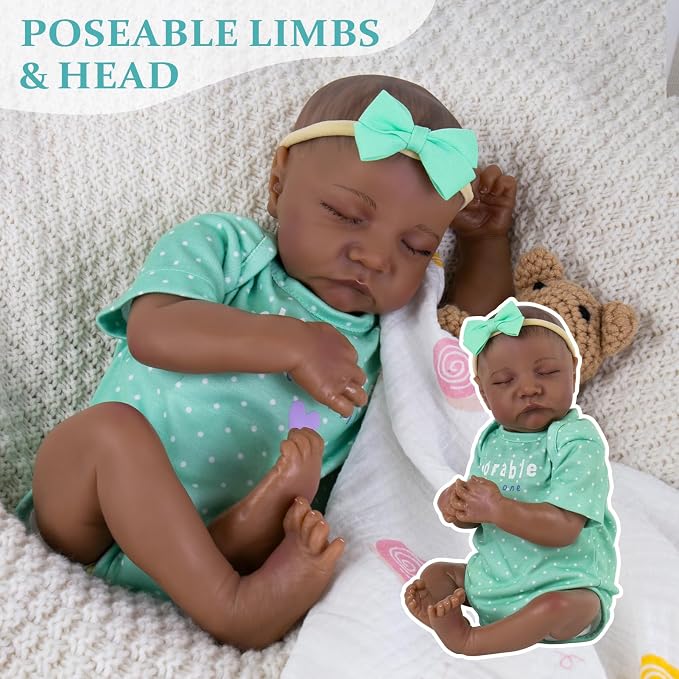 Aori Lifelike Reborn Baby Dolls Black - 18-Inch Realistic Newborn Baby Dolls Black American Real Life Babies Dolls Cloth Body with Feeding Kit & Gift Box for Kids Age 3+