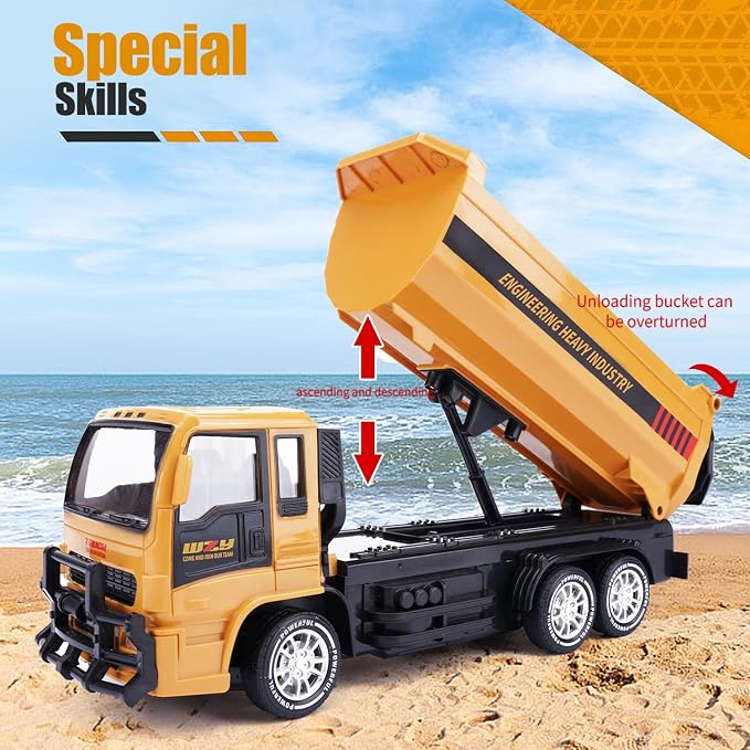 Jiakora Remote Control Dump Truck for Kids, 2.4GHz RC Construction Vehicle with LED Lights, 45° Dumping Function, 2 Rechargeable Batteries, Toy Truck for Boys Girls 3 4 5 6 7 8 Years Old