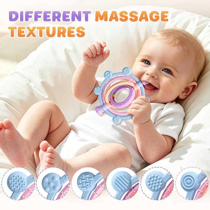 Baby Teething Ring Toys 3-6 6-12 Months, Silicone Sensory Rattle Teether Toys for Teething Relief, Baby Newborn Essentials Chew Toys for Sucking Needs, Infant Shower Gifts & Baby Toys
