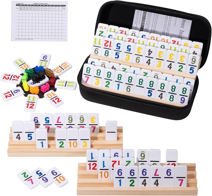 Mexican Train Dominoes Set with 4 Wooden Trays - Double 12 Dominoes Game with 91 Number Tiles, Portable Carrying Case & Accessories - Classic Family Table Game for Kids, Adults & Travel