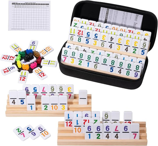 Mexican Train Dominoes Set with 4 Wooden Trays - Double 12 Dominoes Game with 91 Number Tiles, Portable Carrying Case & Accessories - Classic Family Table Game for Kids, Adults & Travel